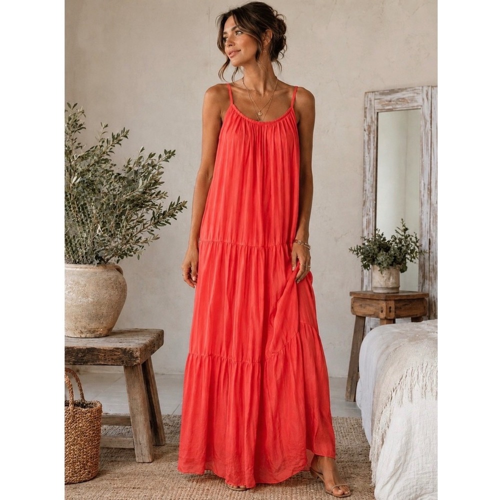 BELLAMBRA CORAL Tiered Italian BOHO SILK RESORT MAXI DRESS Size S